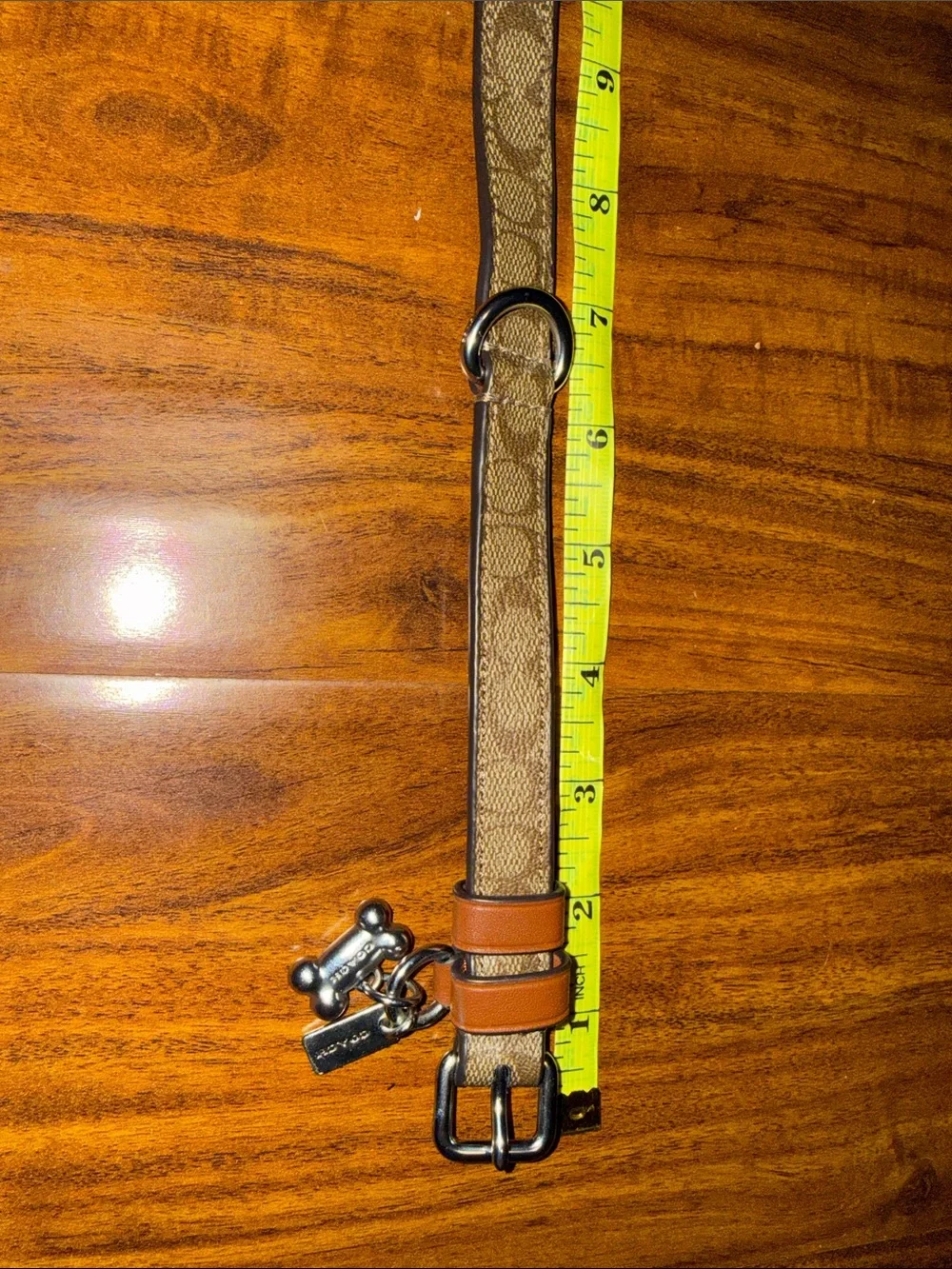 Coach Signature Canvas Dog Collar with Tan Leather Trim and Silver Charms